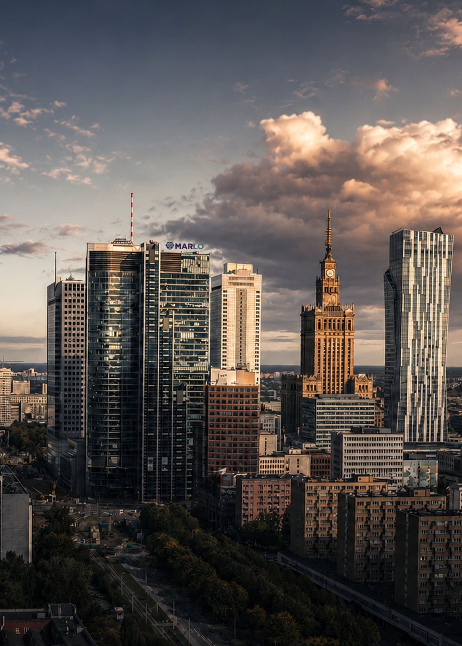 Warsaw skyline at sunset with the Palace of Culture and Science