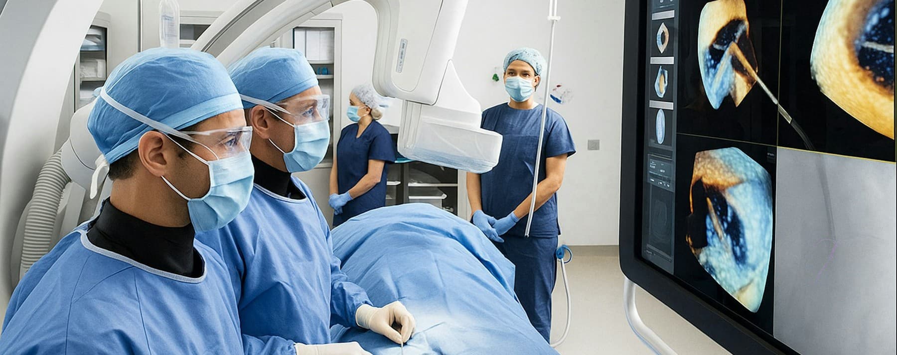 Surgical team in a hybrid operating room reviewing imaging during a procedure